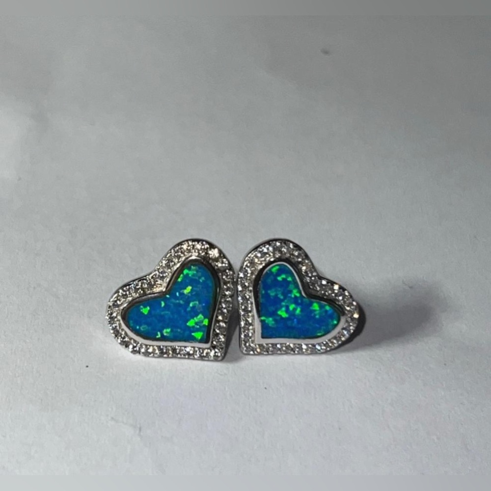 Simulated Opal and CZ Sterling Silver Heart Earrings